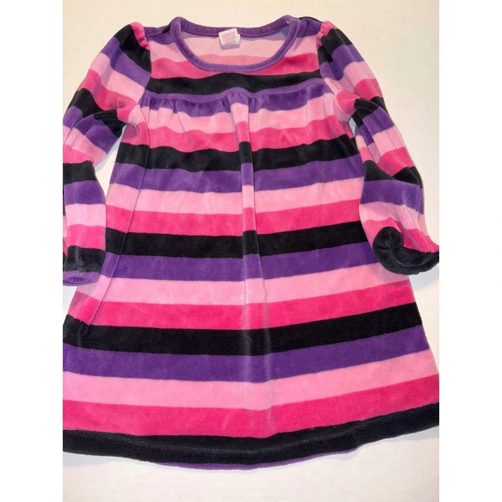 OshKosh Dress Striped Velour‎ Long Sleeve Casual Comfy Pink Purple  Size 3T VTG